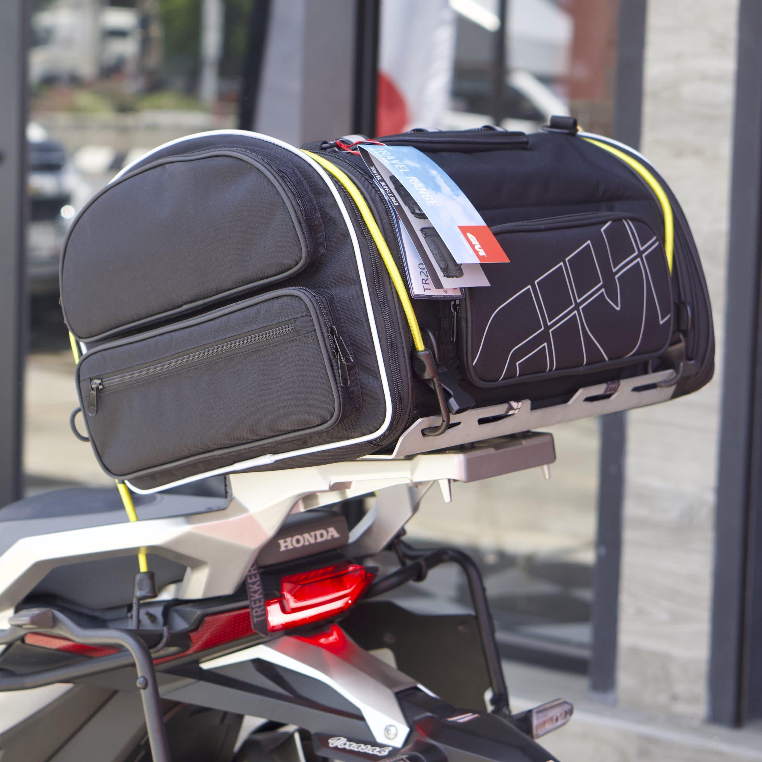 Fabric bag for tying to the back of a GIVI motorcycle